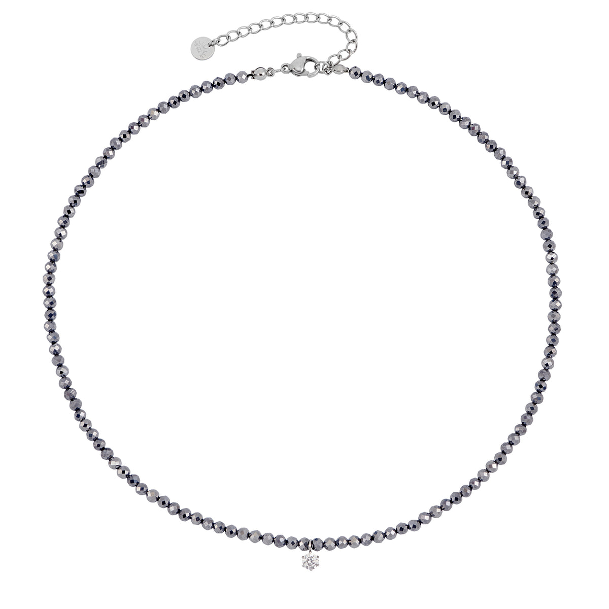 black beaded gemstone necklace in silver finish