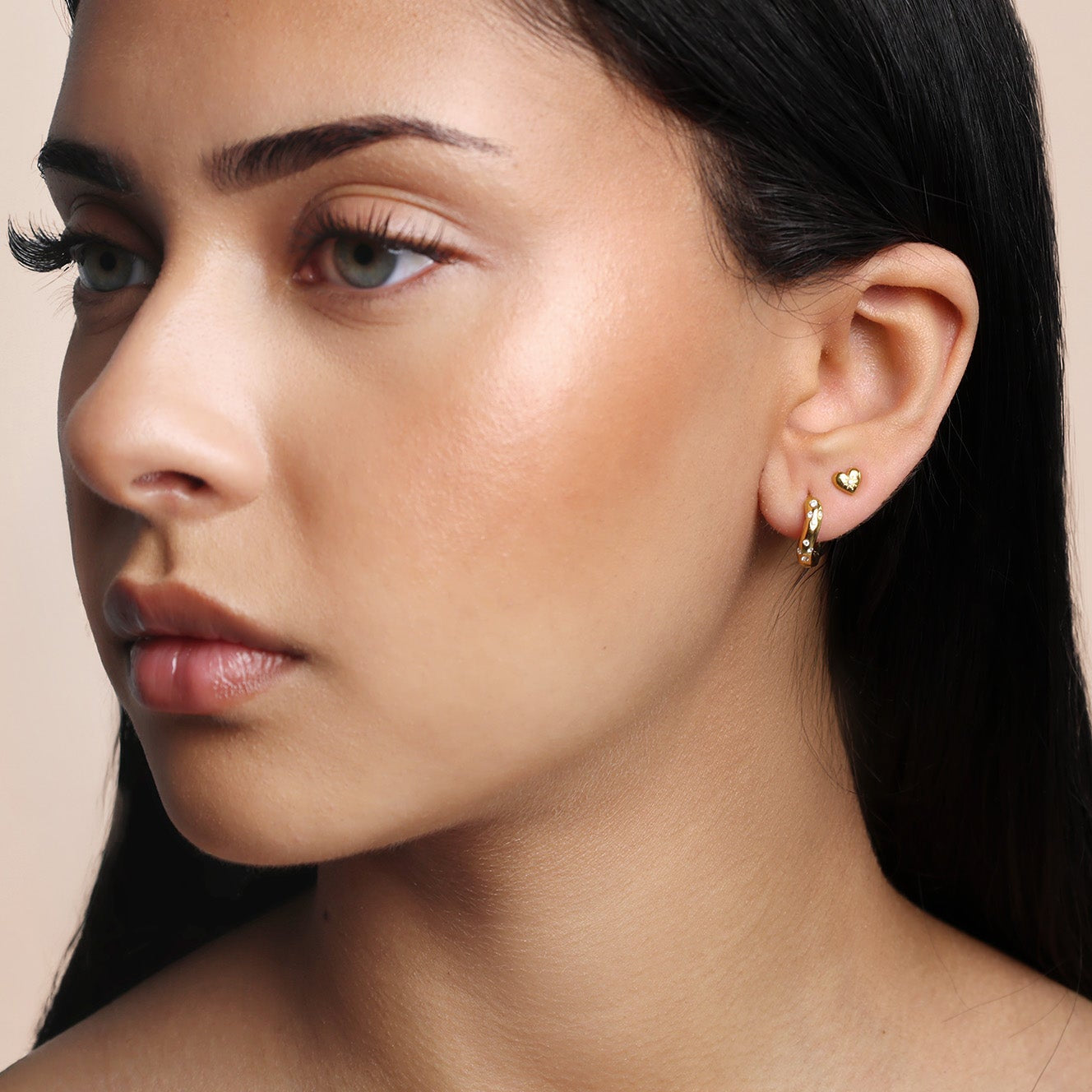 minimal gold ear stackig heart studs with crystal hoops