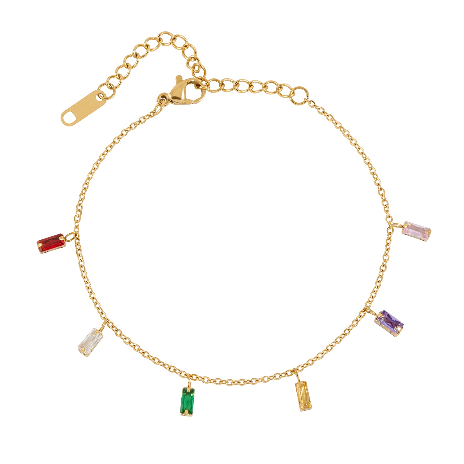 Zoi Era Rainbow Charm Bracelet – waterproof anti-tarnish stainless steel bracelet with multi-coloured crystal charms, vibrant and playful jewellery design.