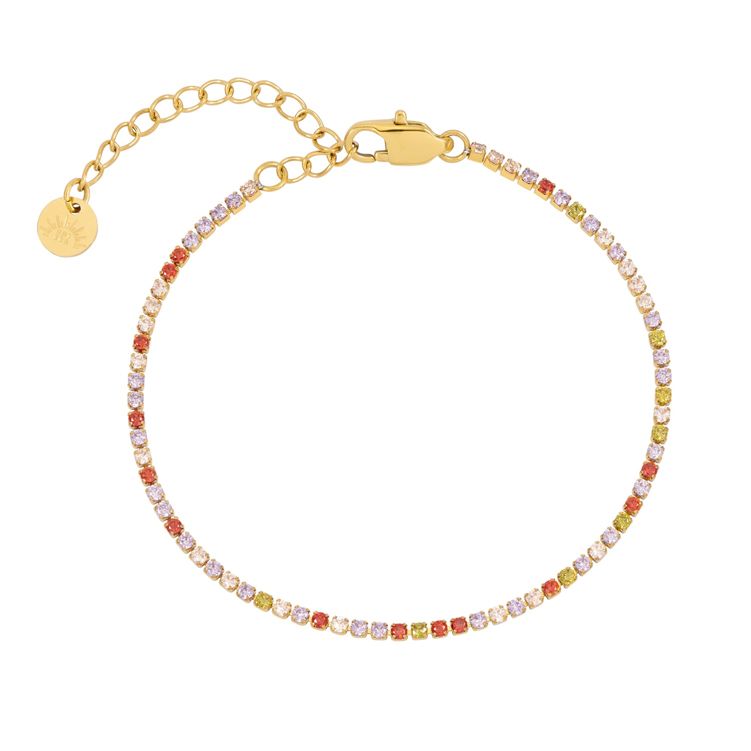 Multicolored crystal bracelet with gold chain on a white background