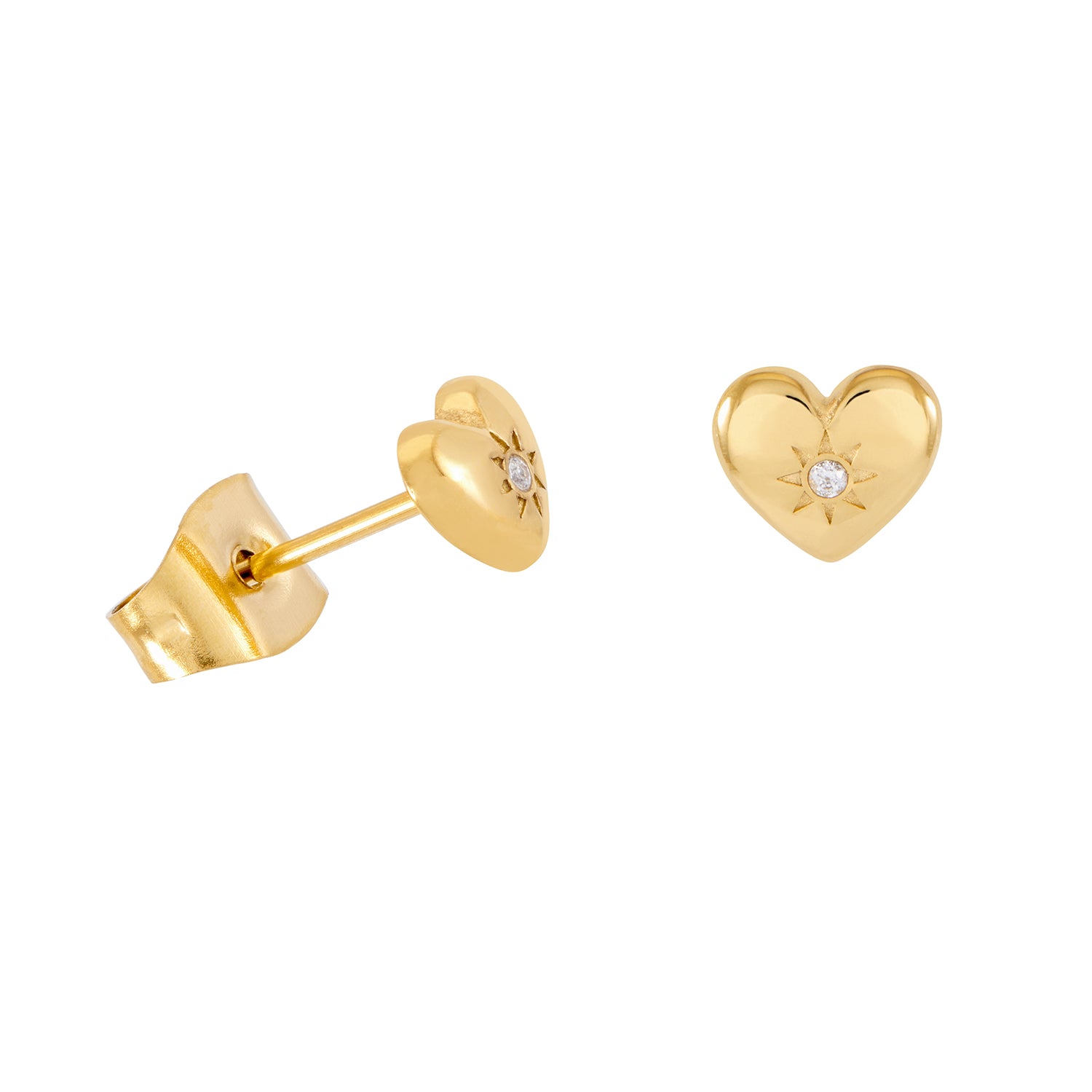 waterproof gold heart-shaped stud earrings with a small diamond
