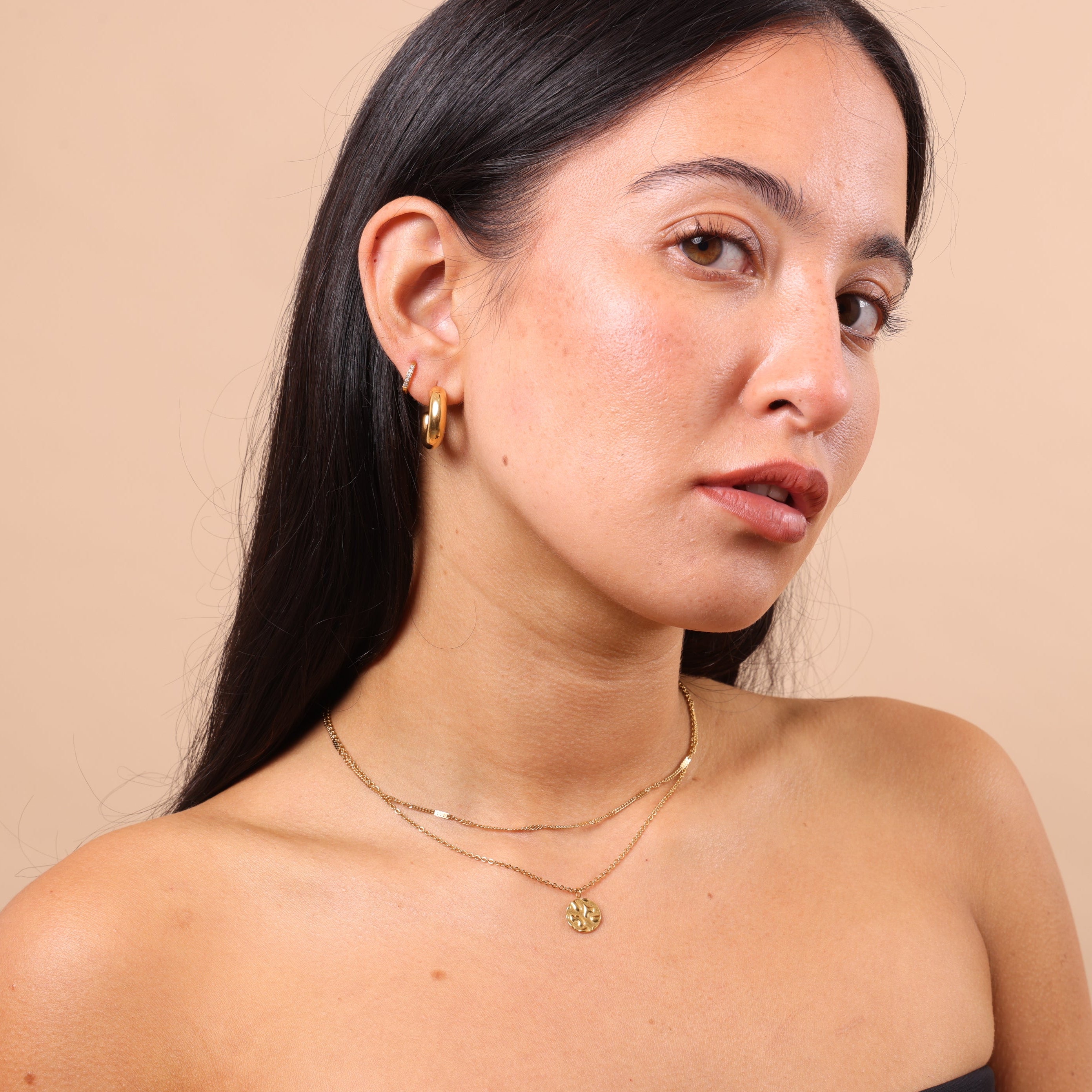 Complete jewellery look featuring Small Round Textured Pendant Necklace styled with earrings – dainty waterproof anti-tarnish everyday layering piece.