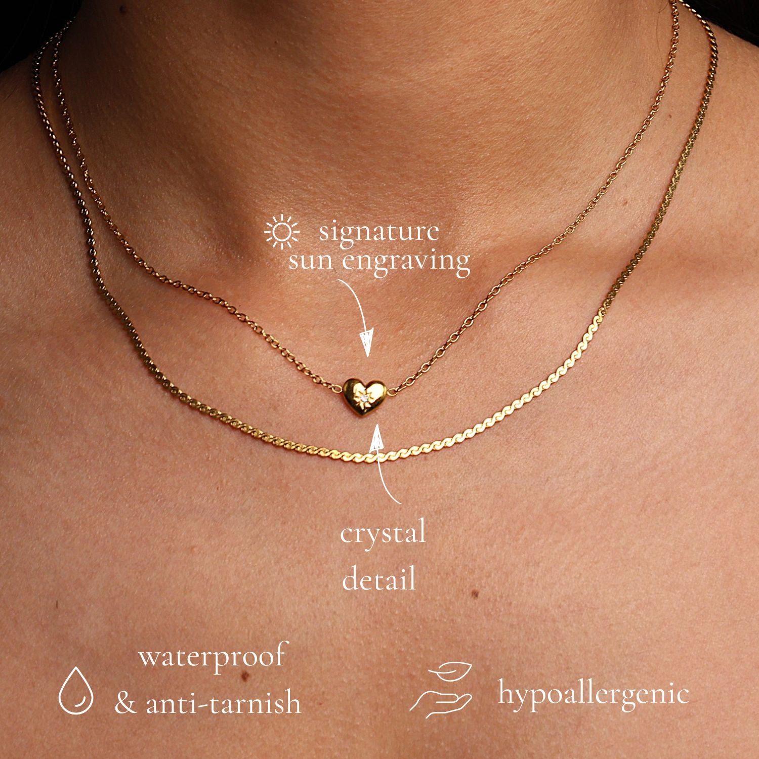 minimal sun engraved heart pendant necklace waterproof and anti-tarnish
