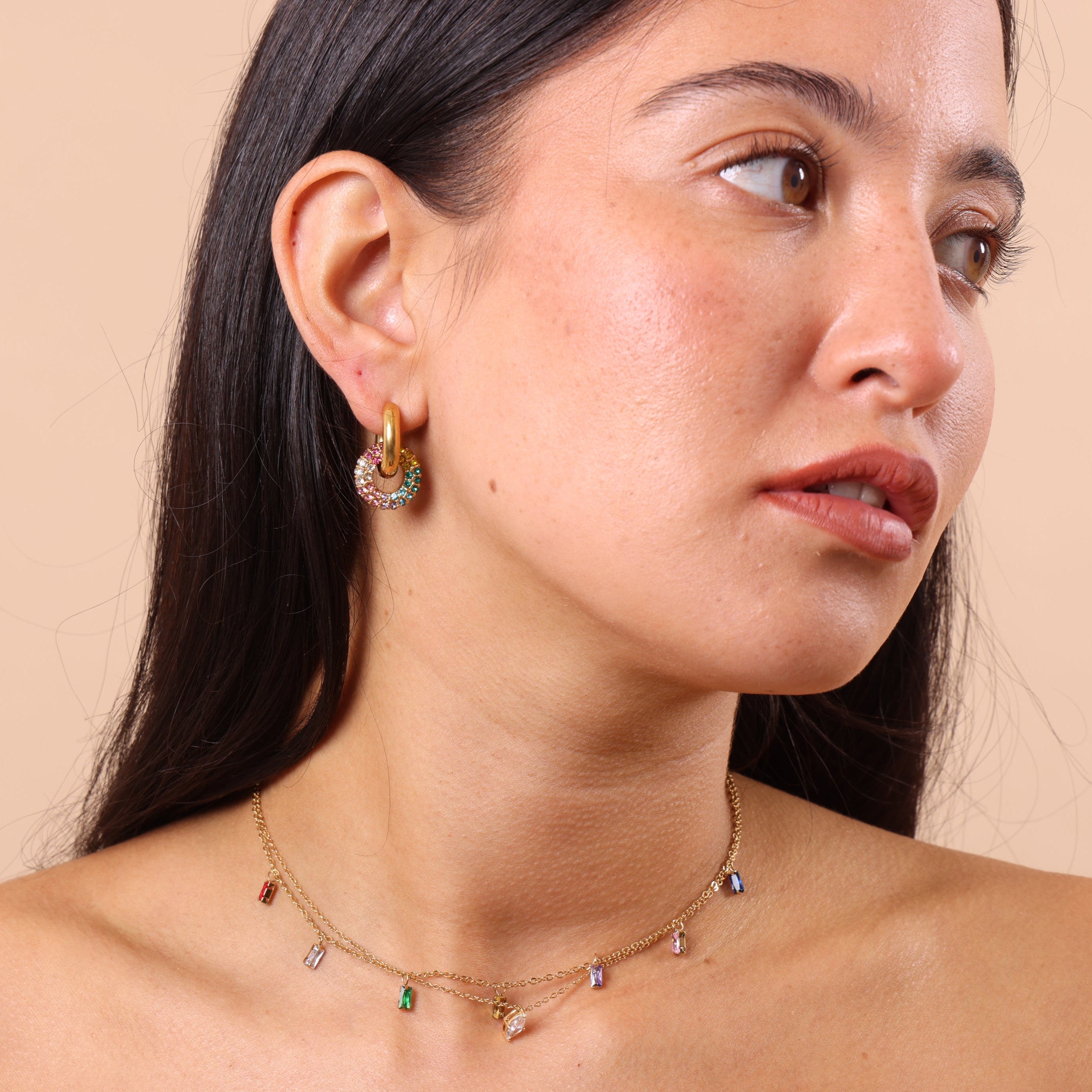 Rainbow crystal removable charm chunky hoop earrings styled on model – sparkly, shiny, waterproof and anti-tarnish jewellery.