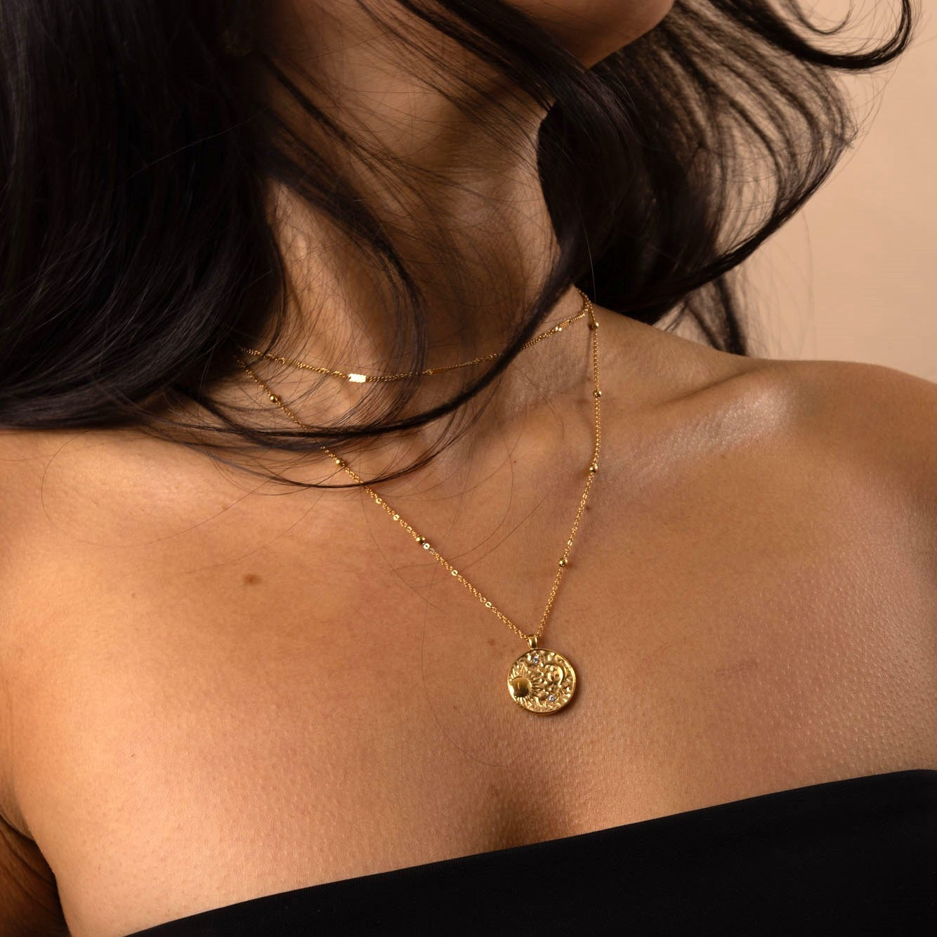 Gold Sun and Moon Coin Necklace waterproof and anti tarnish