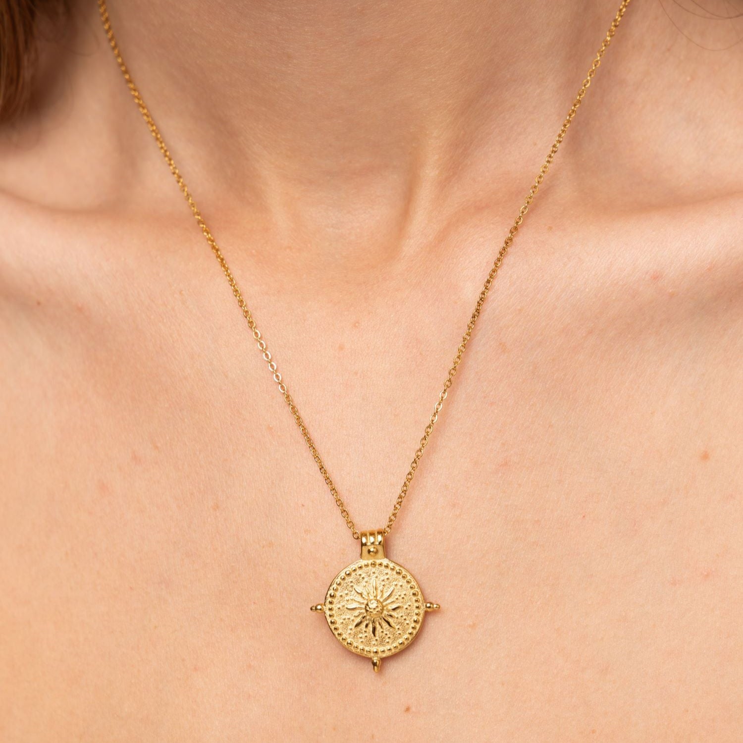 gold sun coin pendant necklace