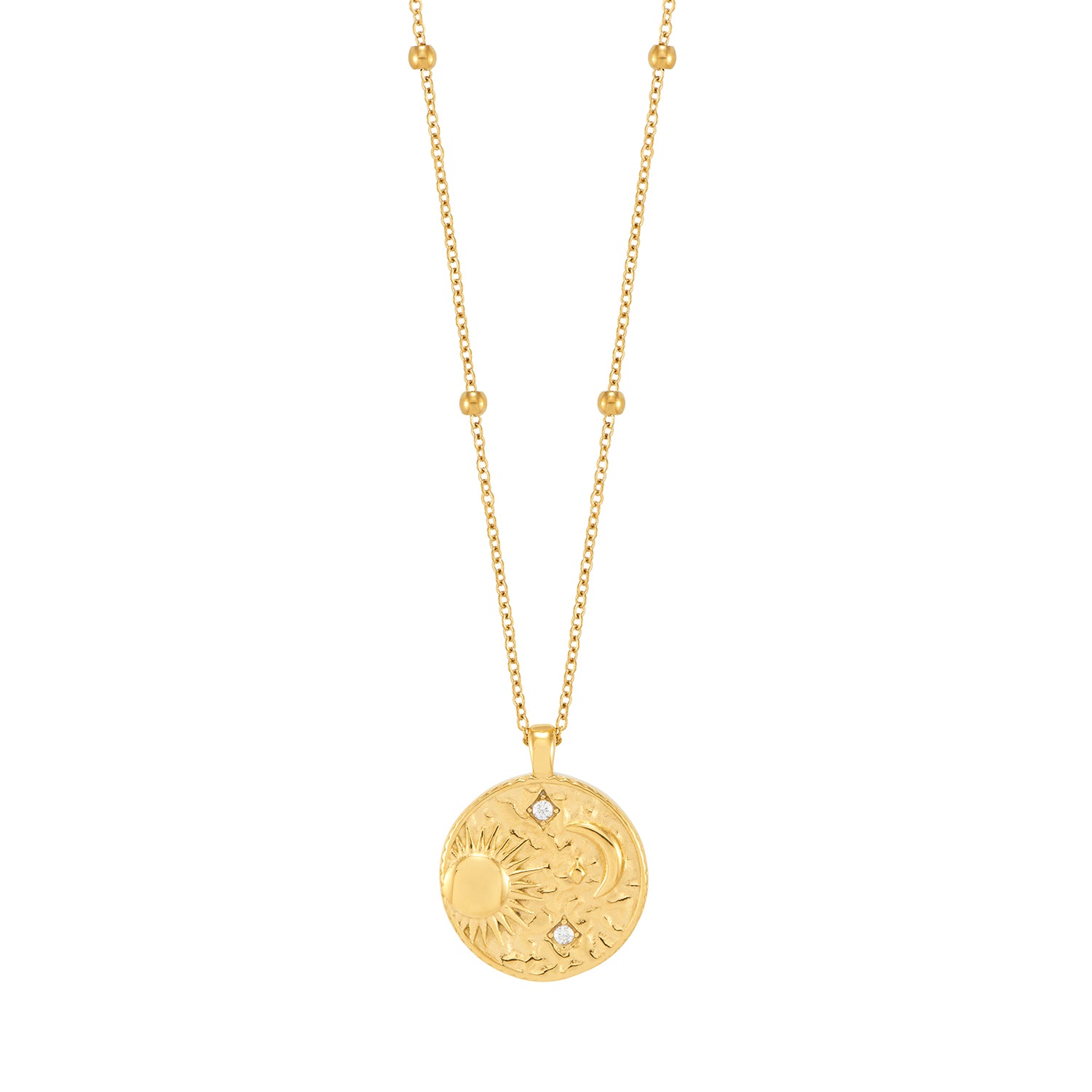sun and moon coin necklace on white background