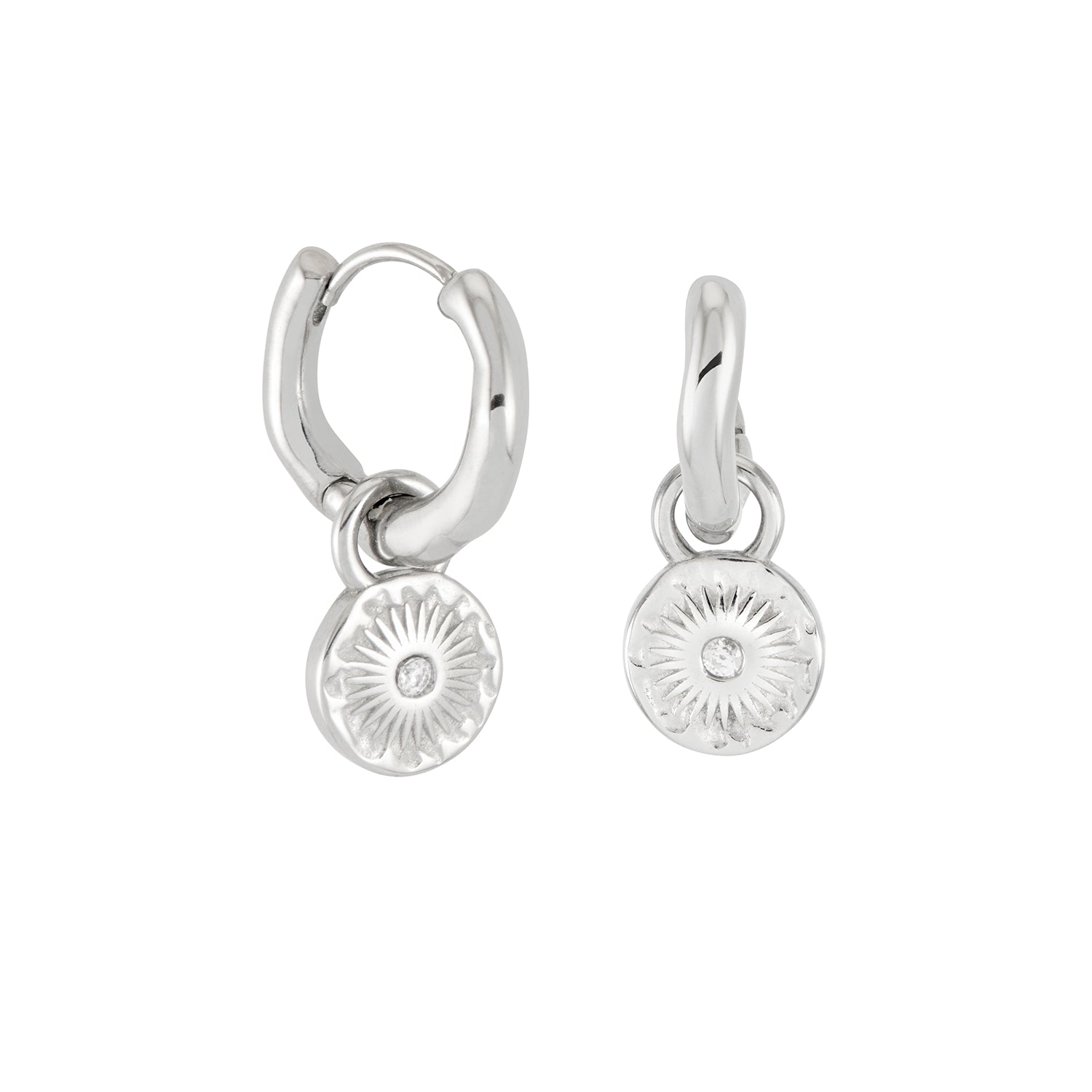 silver sun charm huggie hoop earrings with removable charm