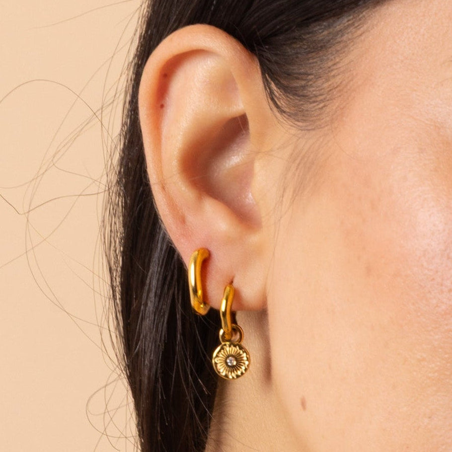 gold stacking sun charm huggie hoops