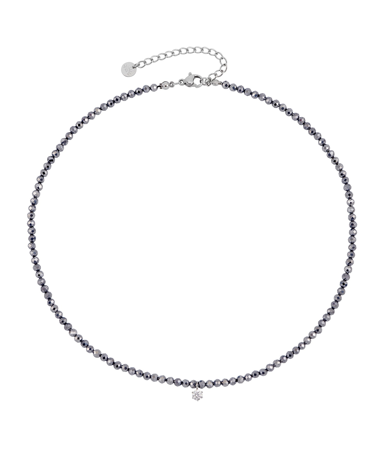 black beaded gemstone necklace in silver finish
