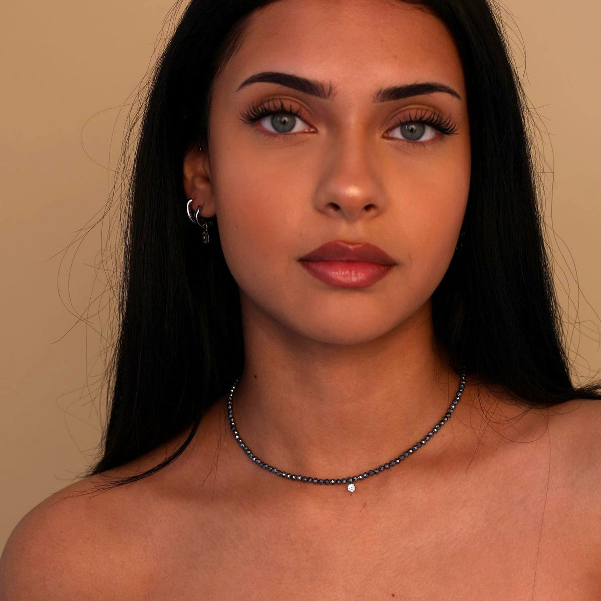 grey beaded gemstone choker necklace