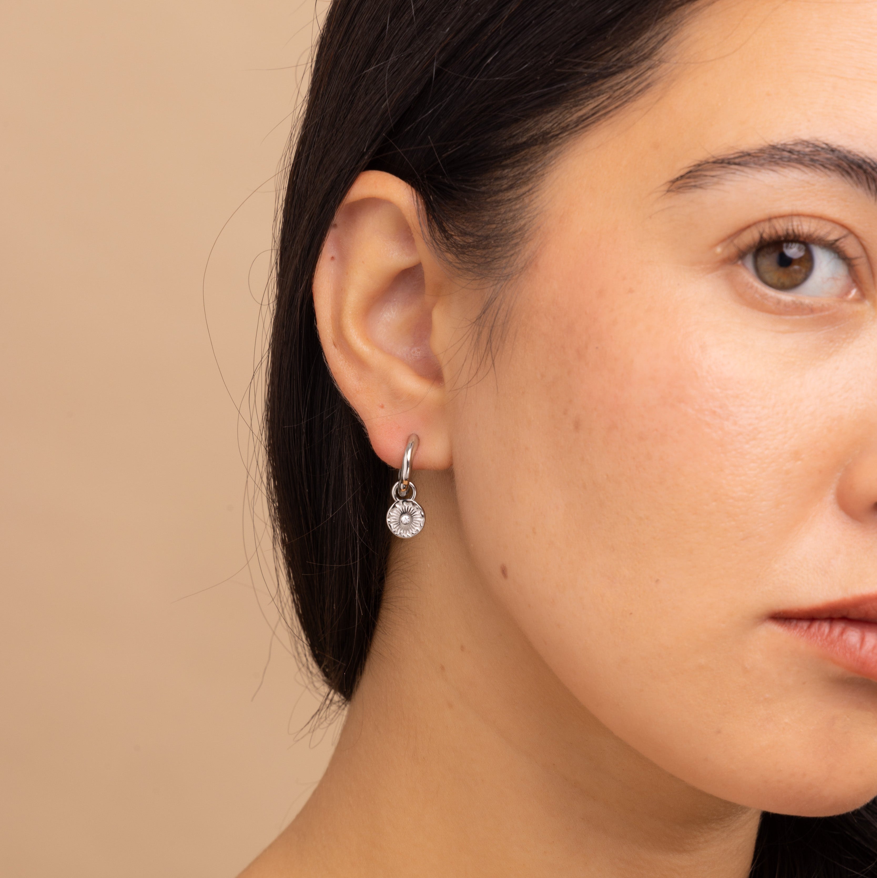 anti tarnish silver sun charm huggie hoop earrings 