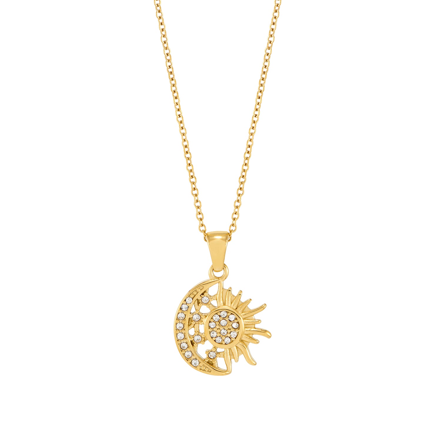 Zoi Era Celestial Crystal Sun and Moon Pendant Necklace – dainty layering necklace with crystal charm, waterproof and anti-tarnish jewellery.