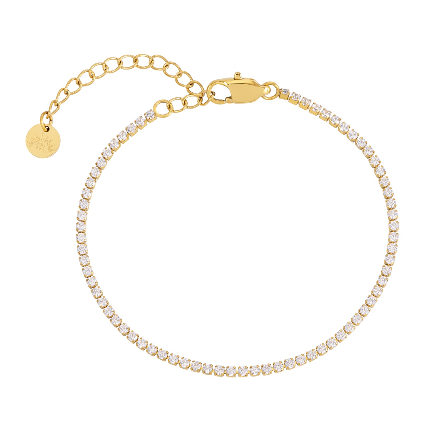Gold tennis bracelet with clear stones on a white background