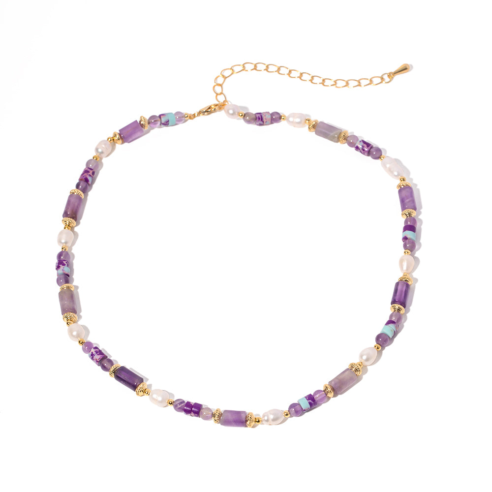 pearl purple gold beaded necklace