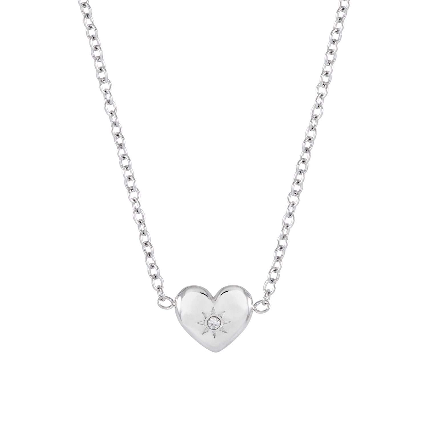 Silver heart-shaped necklace with a small round pendant