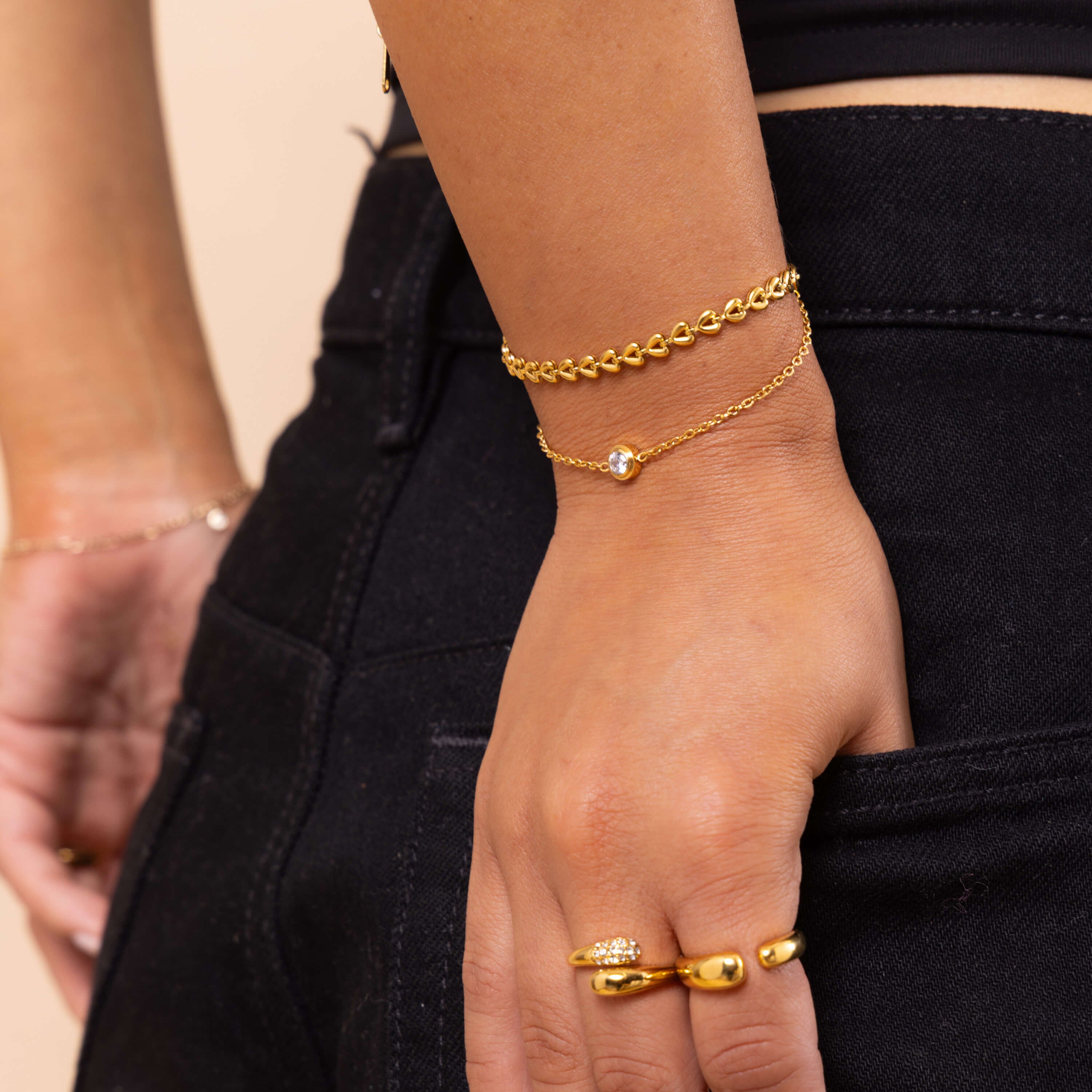 Dainty Crystal Bracelet styled with gold heart chain bracelet – minimal stacking jewellery with single crystal stone, waterproof and anti-tarnish.