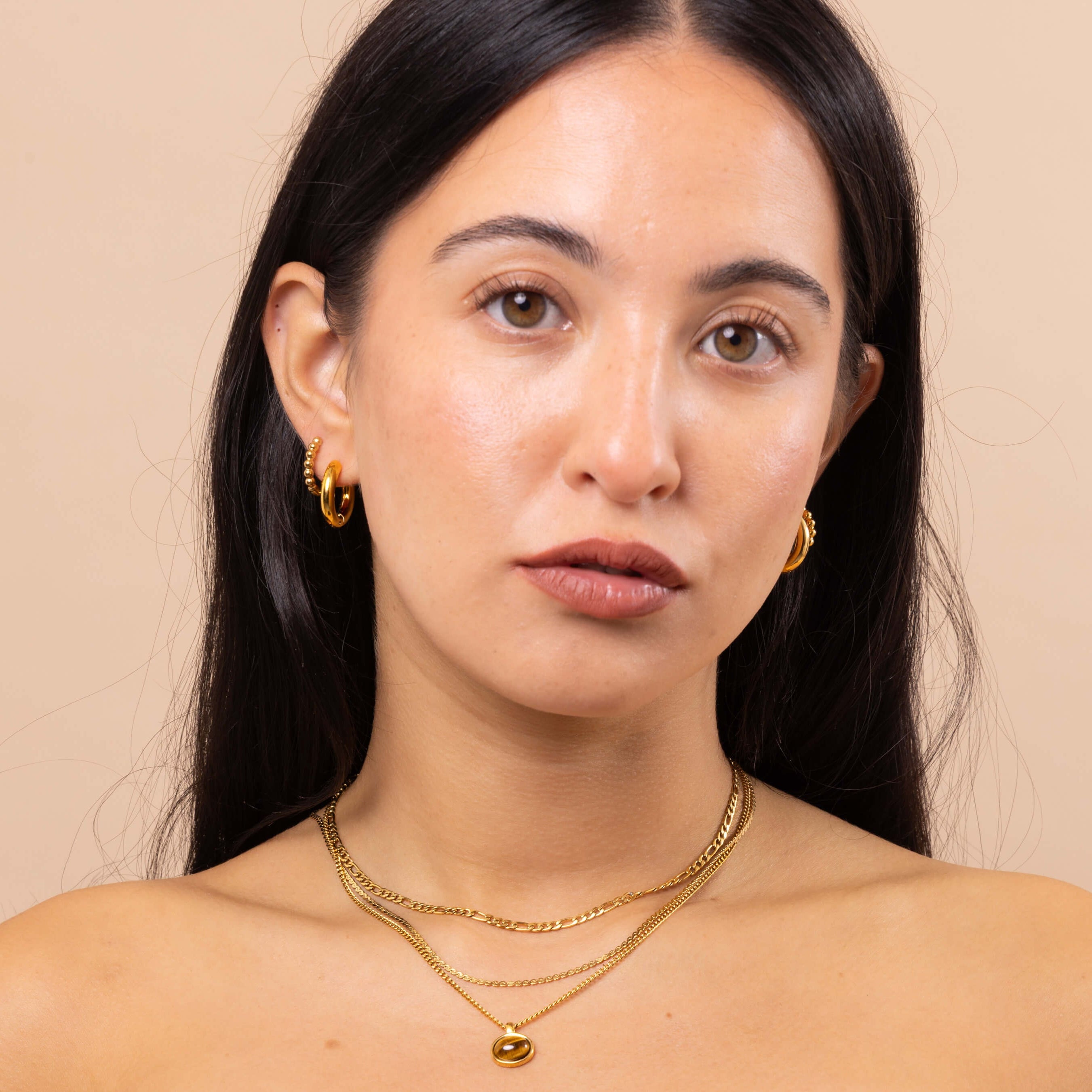 Stacked gold hoops – minimal beaded ball hoop styled with chunky everyday essential hoop, both waterproof and anti-tarnish jewellery.