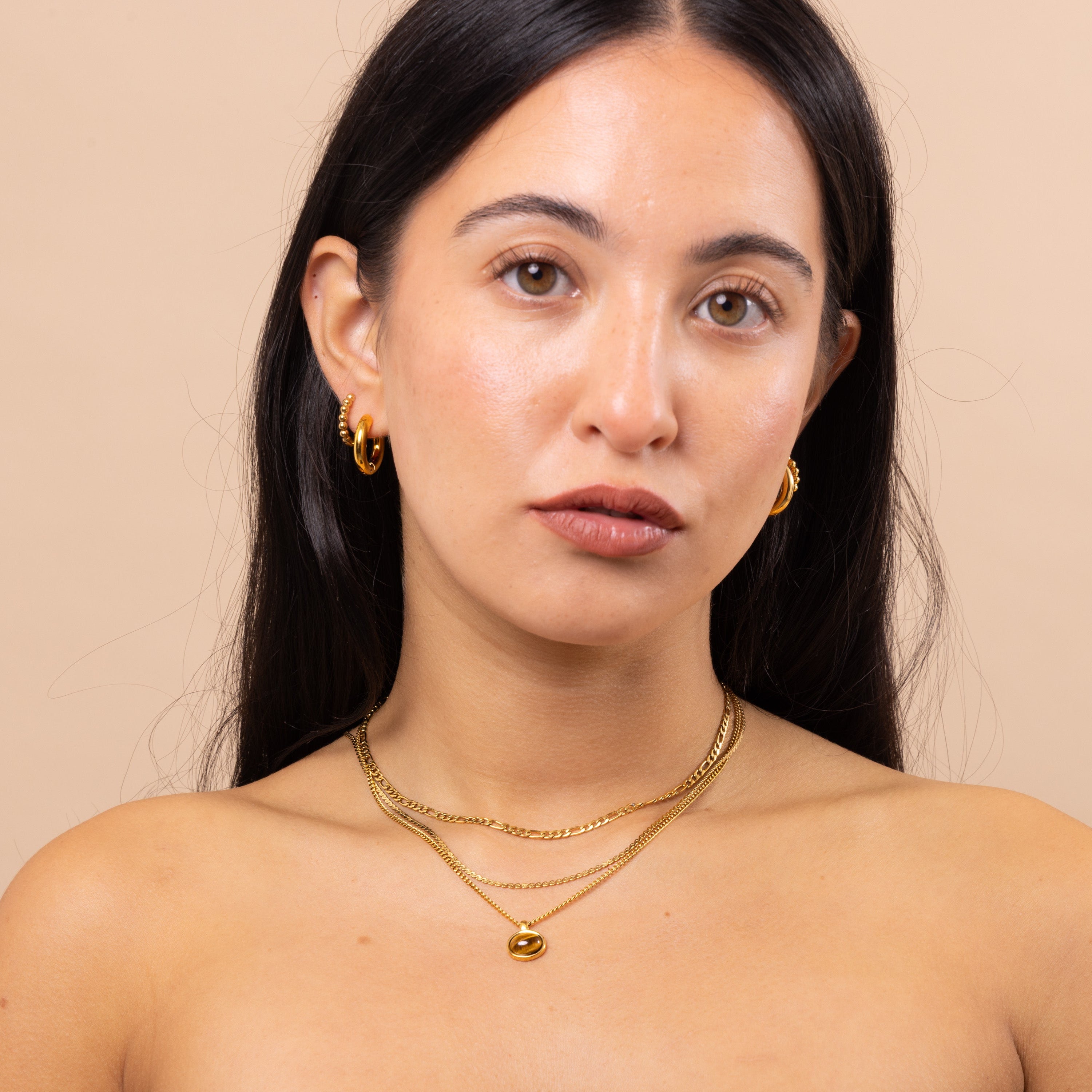 Full jewellery look featuring Small Chunky Gold Open Hoop Earrings – dainty chunky gold hoops, waterproof and anti-tarnish everyday essential.