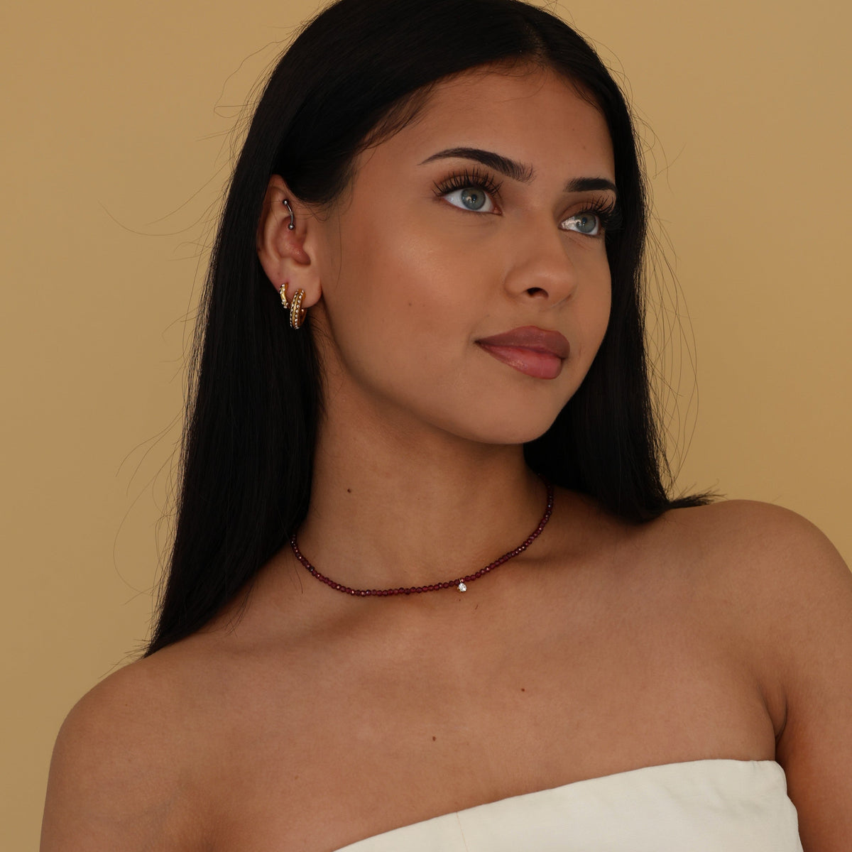 burgundy gemstone beaded necklace with cubic zirconia details