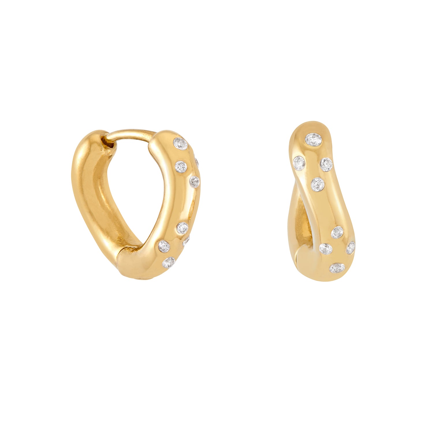 Gold wave hoop earrings with embedded crystal stones on a white background