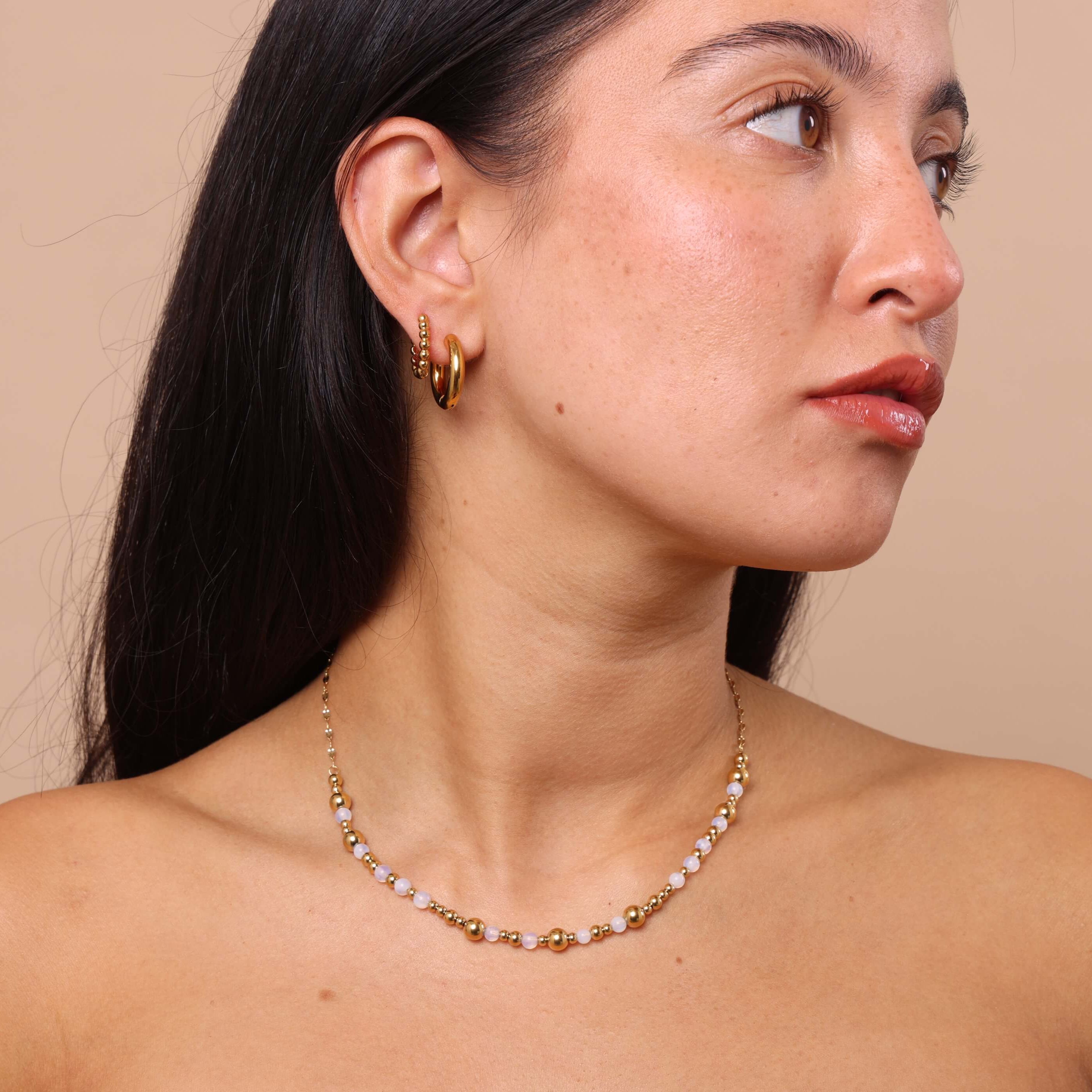 Model wearing Moonstone and Gold Beaded Chunky Necklace – bold waterproof anti-tarnish beaded jewellery for everyday or statement styling.
