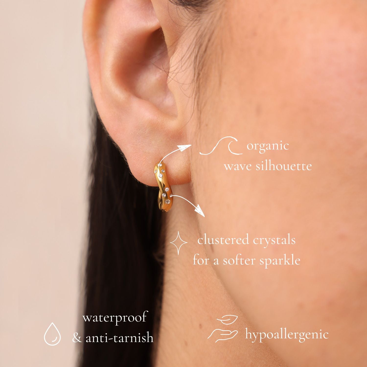 organic shape wave huggie hoops with crystals