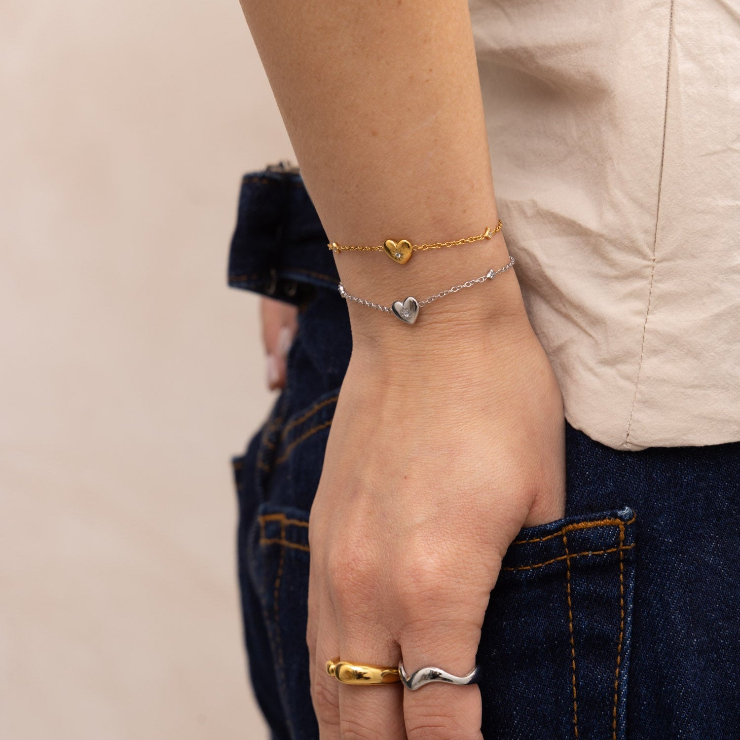 silver and gold dainty anti tarnish  heart bracelet stack