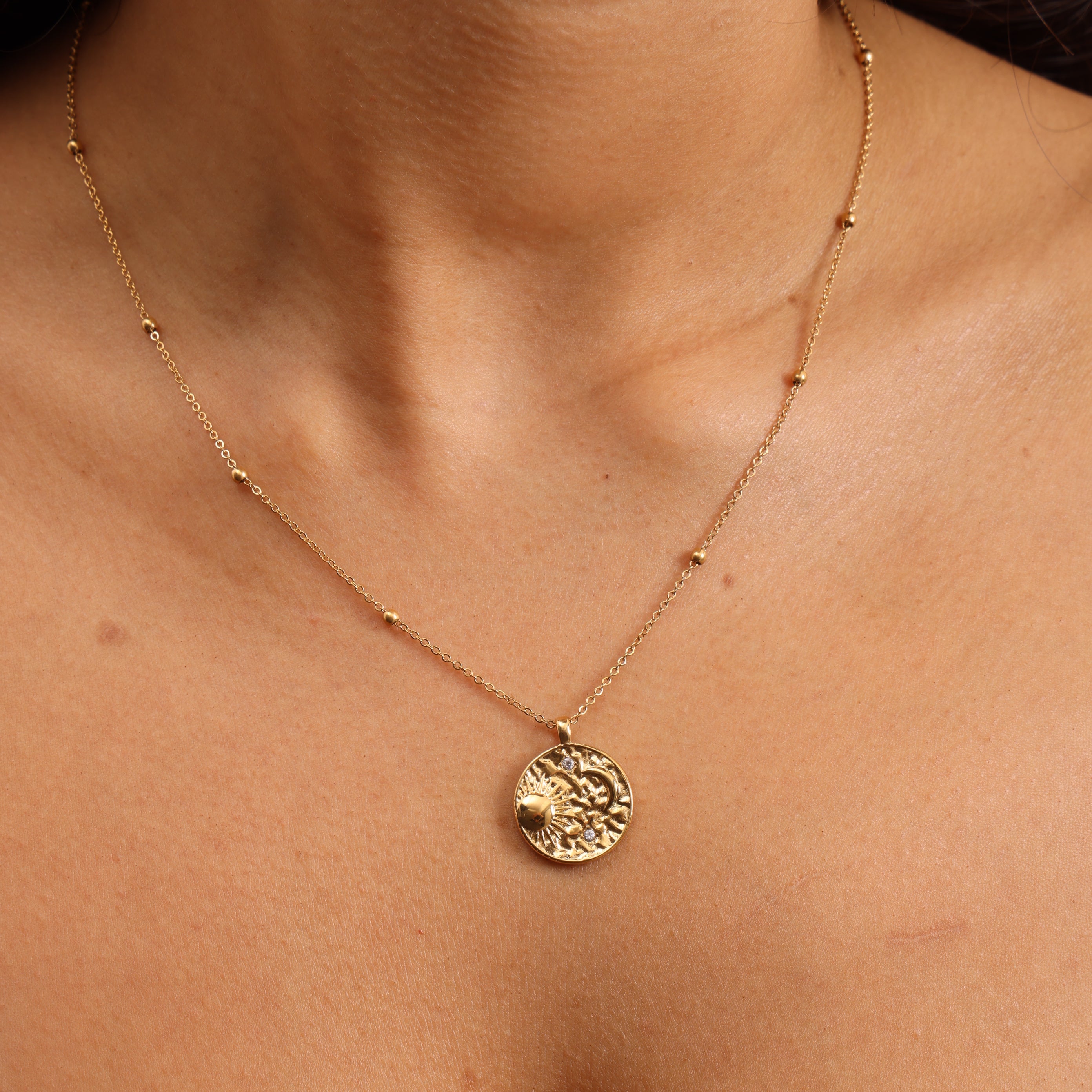 waterproof anti tarnish sun moon and star coin pendant necklace
