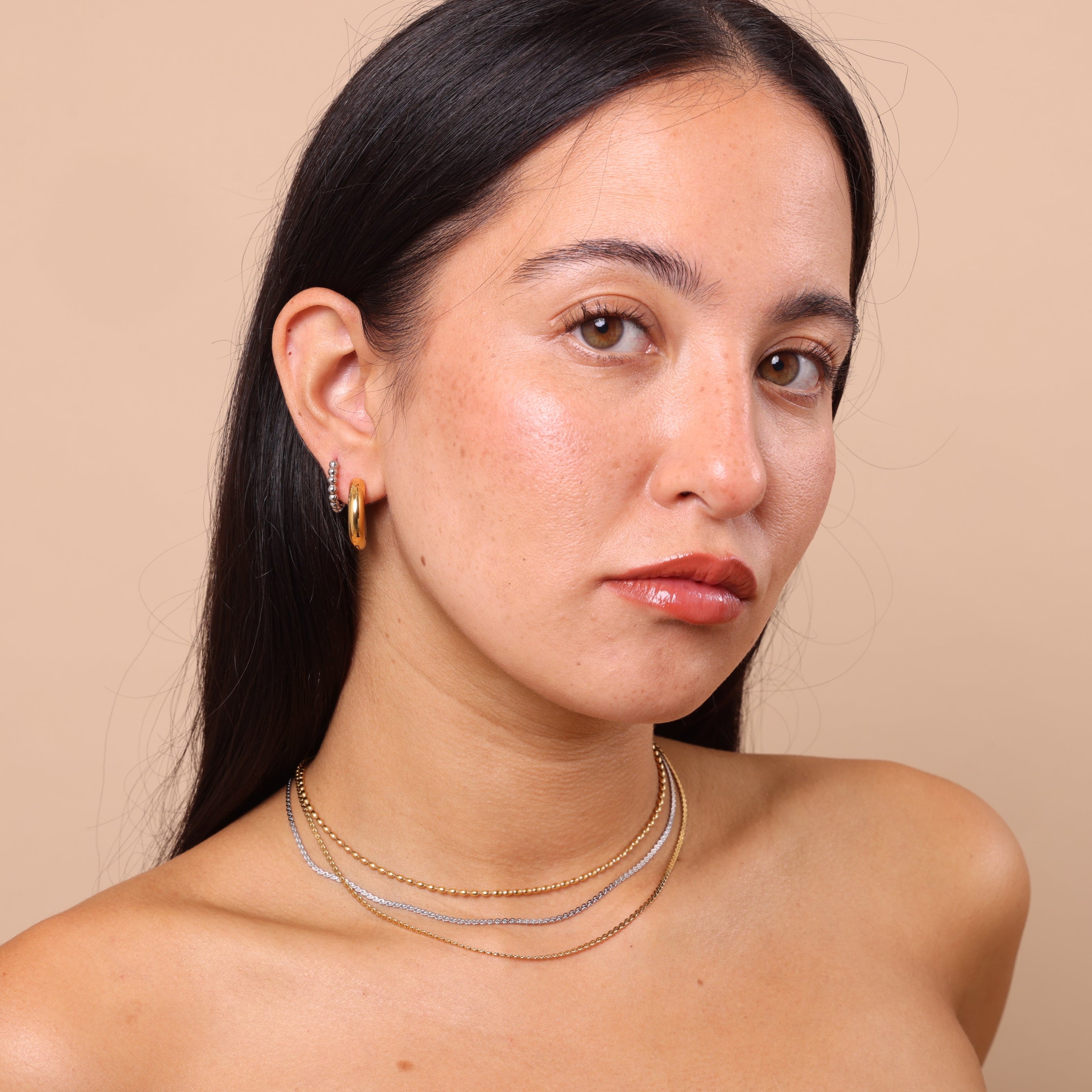 Stacked look with Mixed Metal Chunky Hoop Earrings – bold two-tone hoops perfect for stacking, waterproof and anti-tarnish jewellery.