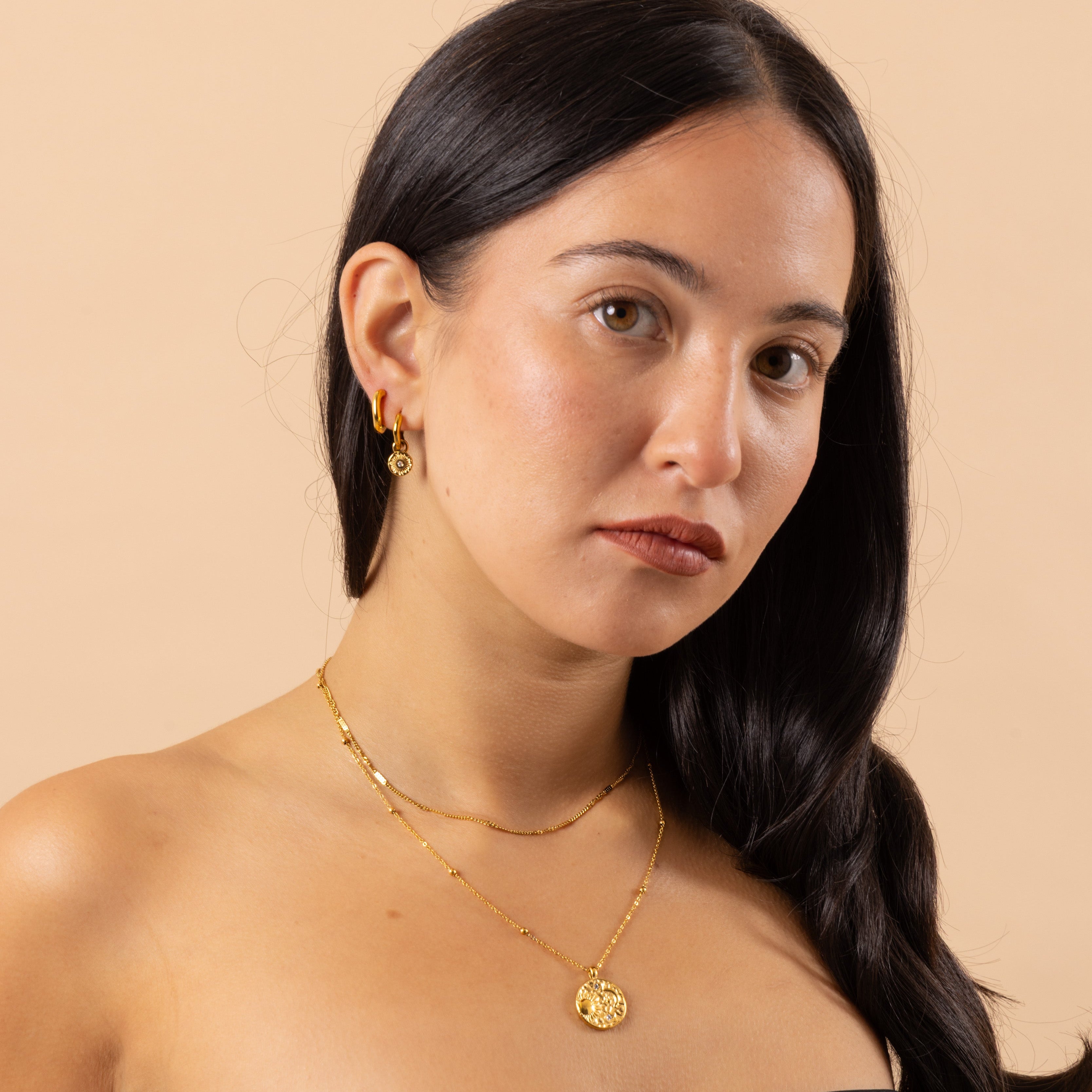 gold stacking sun charm huggie hoops